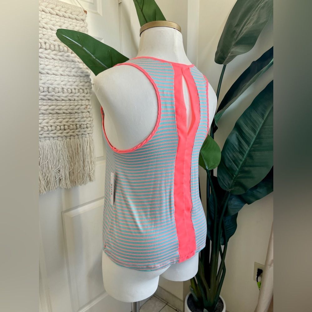 Women's Tank Top‎ with Keyhole Blue and Neon Pink Stripes Lightweight Blouse